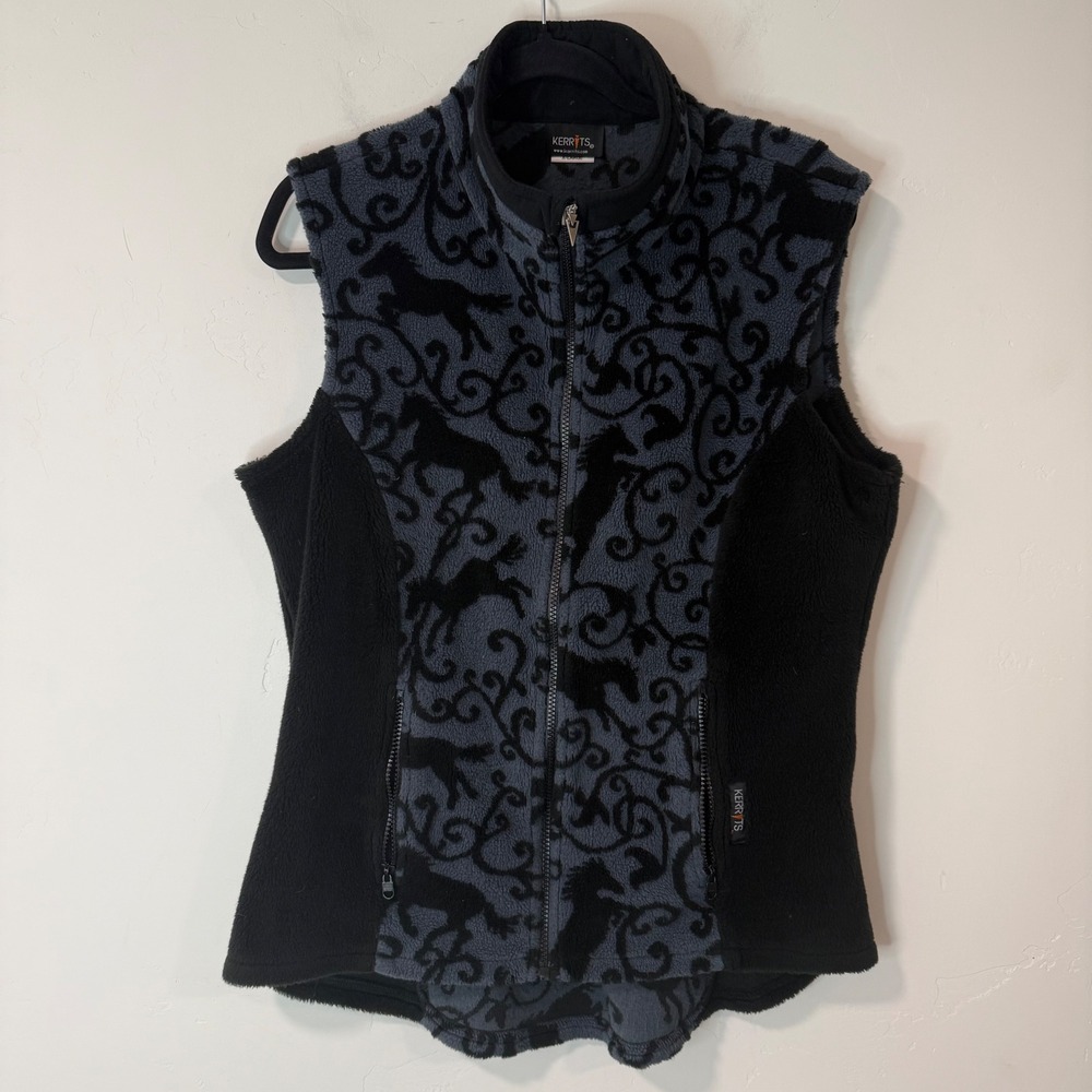 Kerrits Womens Fleece Vest XL Gray Black Excellent Horse Pattern Full Zip Riding